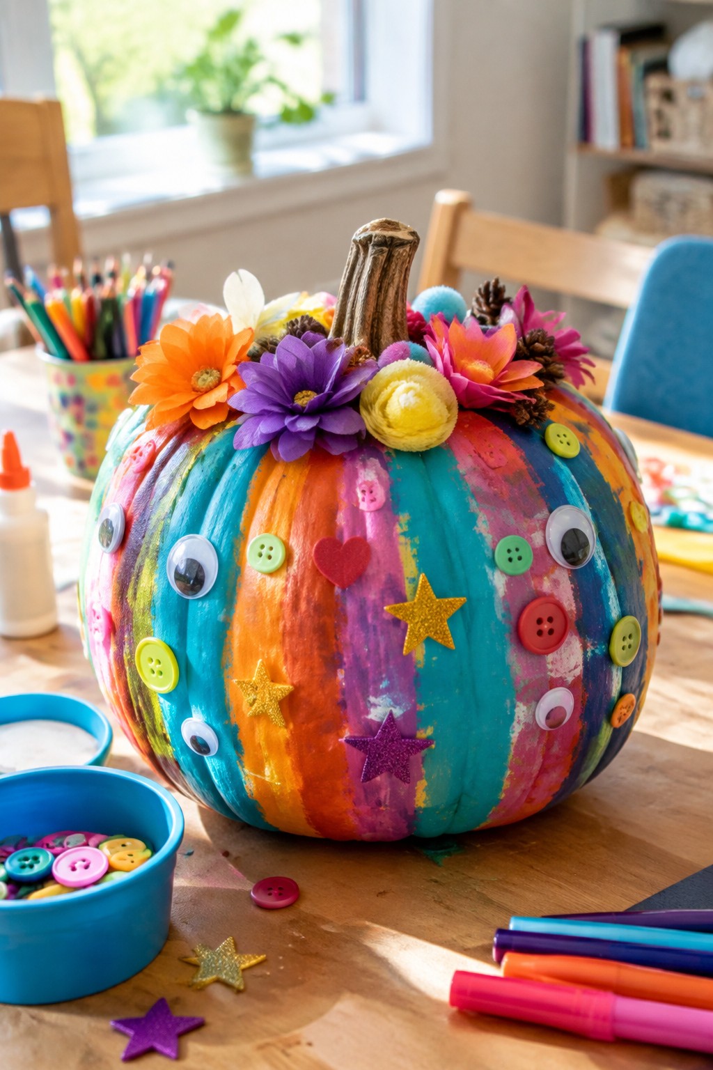 A rainbow-painted pumpkin covered in buttons, googly eyes, glitter stars, and fabric flowers on a wooden table surrounded by craft supplies.