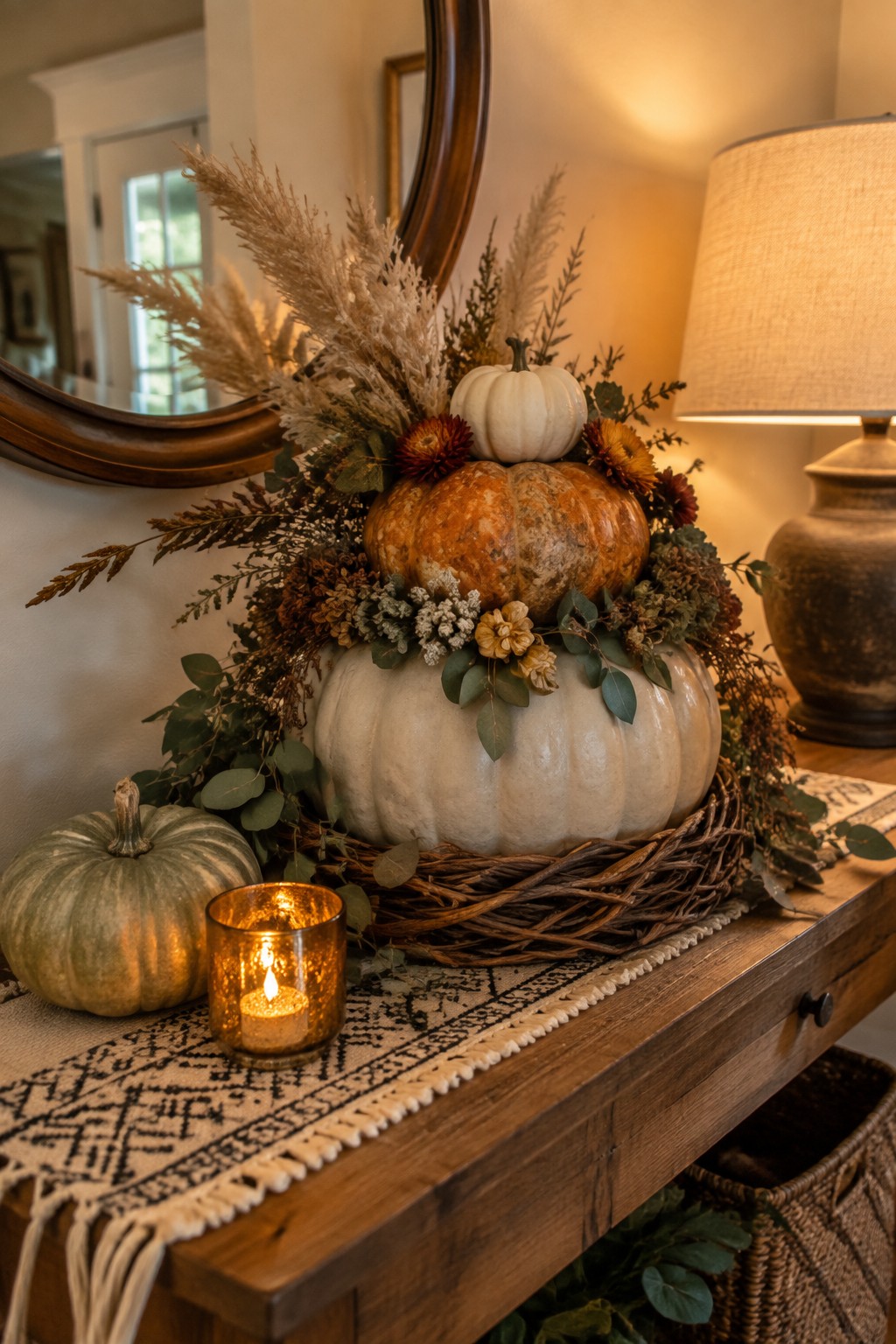 Console table featuring three stacked pumpkins in a woven basket with dried flowers and a small lit candle nearby.