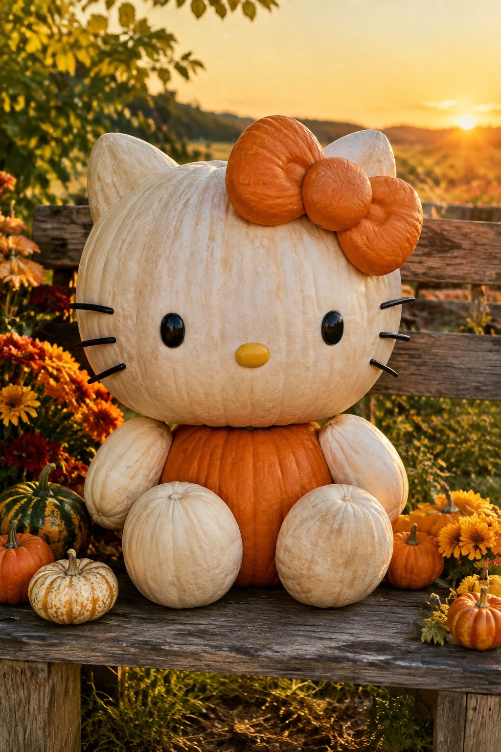 Hello Kitty pumpkin sculpture on wooden bench amid autumn flowers at sunset