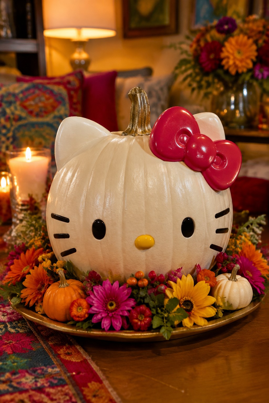 A white pumpkin painted as Hello Kitty with a large red bow sits on a gold tray with small pumpkins and flowers.
