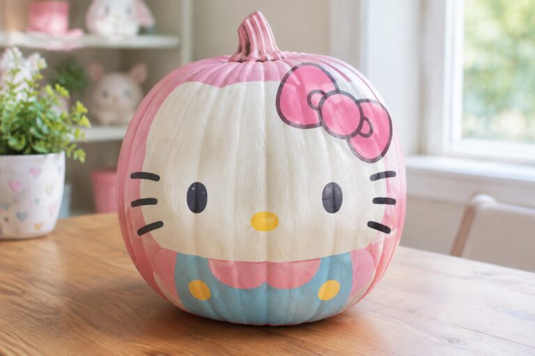Pink pumpkin painted with Hello Kitty's face and pink bow on a wooden table.