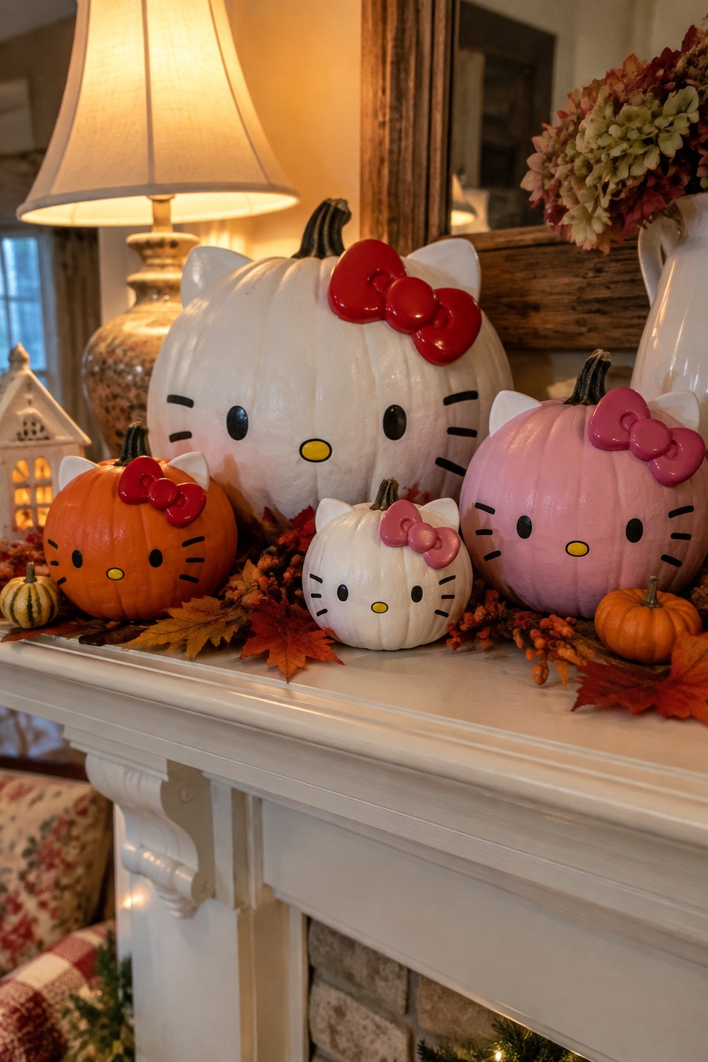 White fireplace mantel holding five Hello Kitty painted pumpkins in different sizes and colors with autumn leaves.