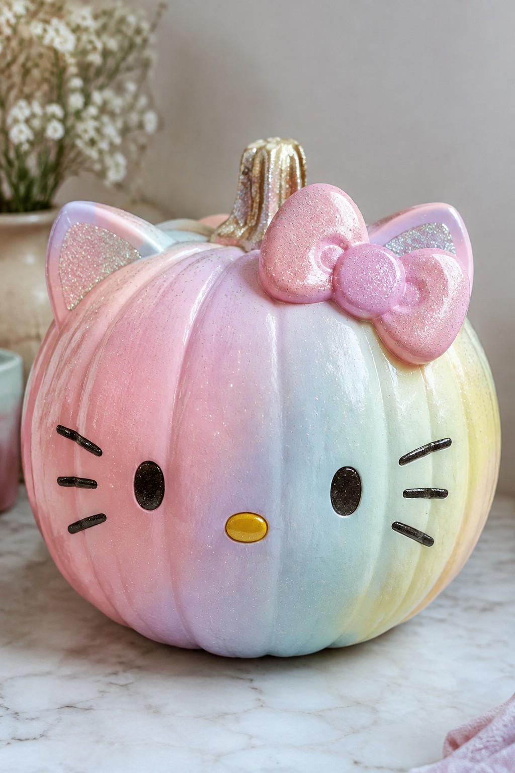 A pastel rainbow painted pumpkin with Hello Kitty ears and a glittery pink bow on a marble surface.