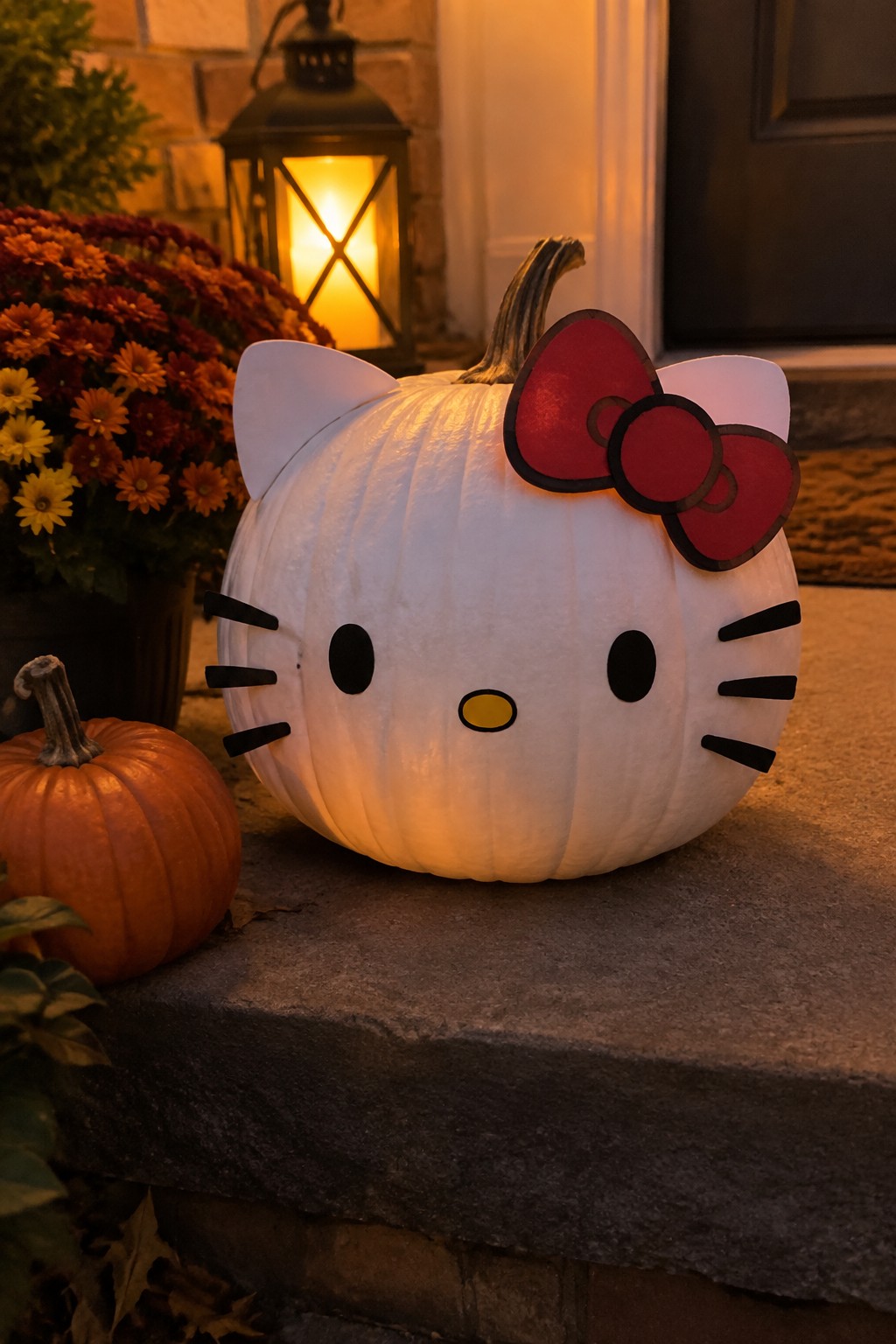 White pumpkin painted as Hello Kitty with red bow and black facial details, glowing from within on a stone front step beside a small orange pumpkin.