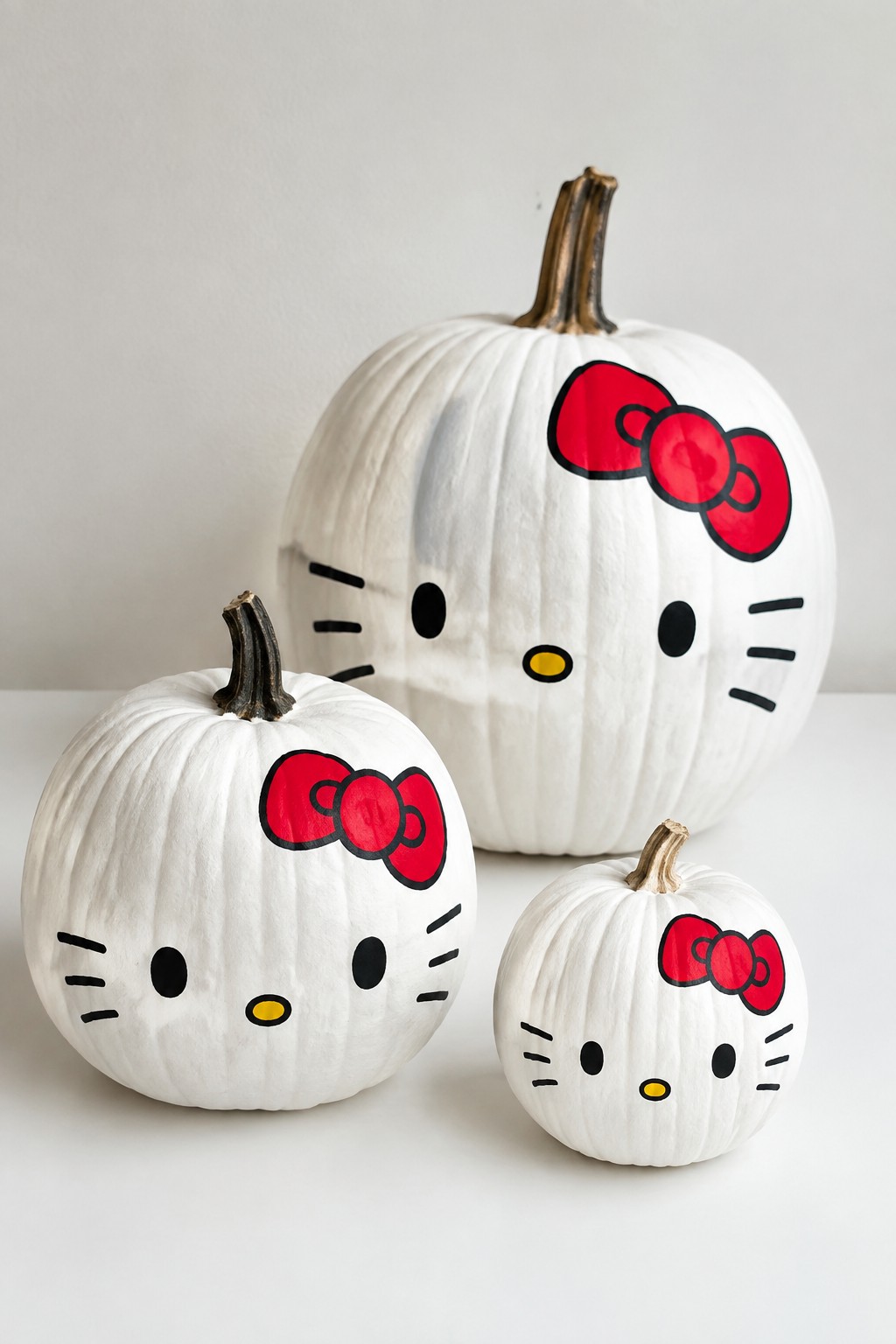 Three white pumpkins painted as Hello Kitty with red bows and whiskers