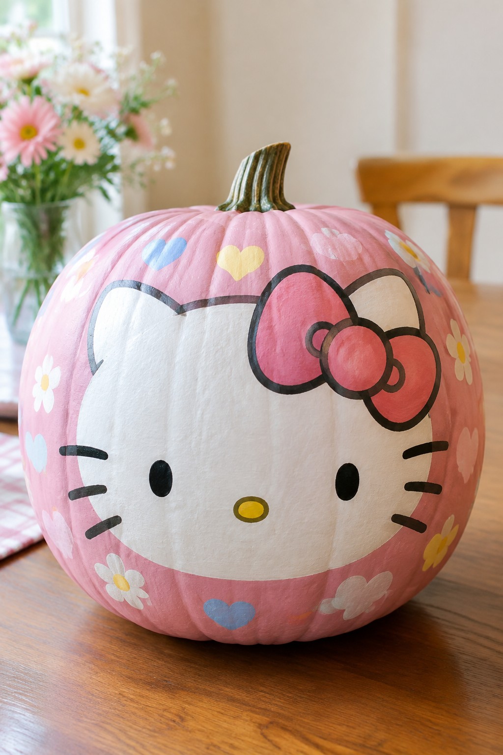 Pink pumpkin painted with Hello Kitty's face and pink bow on a wooden table.