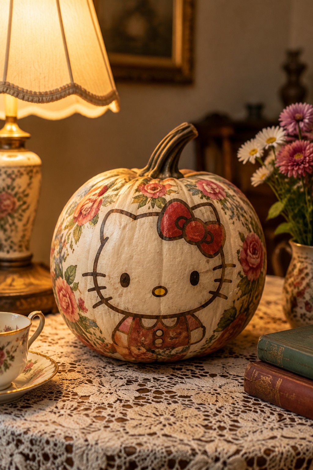 A white pumpkin painted with Hello Kitty's face, red bow, and floral patterns displayed on a lace-covered table with a lamp and flowers nearby.