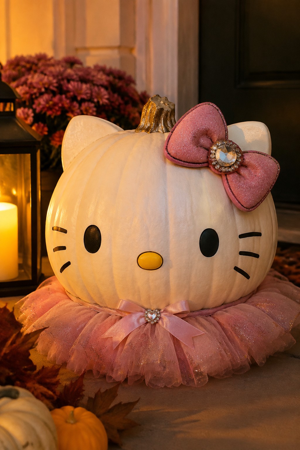 A white pumpkin painted as Hello Kitty with black eyes and whiskers, a large pink glitter bow, and a pink tulle skirt sits on a porch step beside a lit lantern.