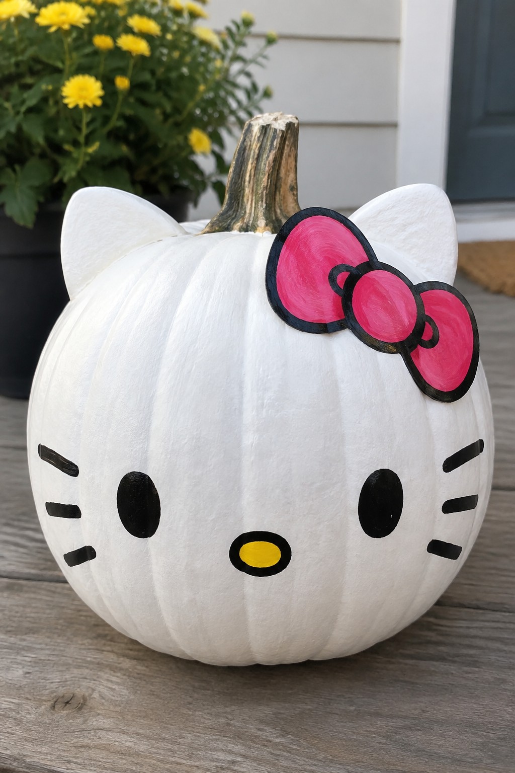 White Hello Kitty pumpkin with pink bow, black whiskers, and yellow nose