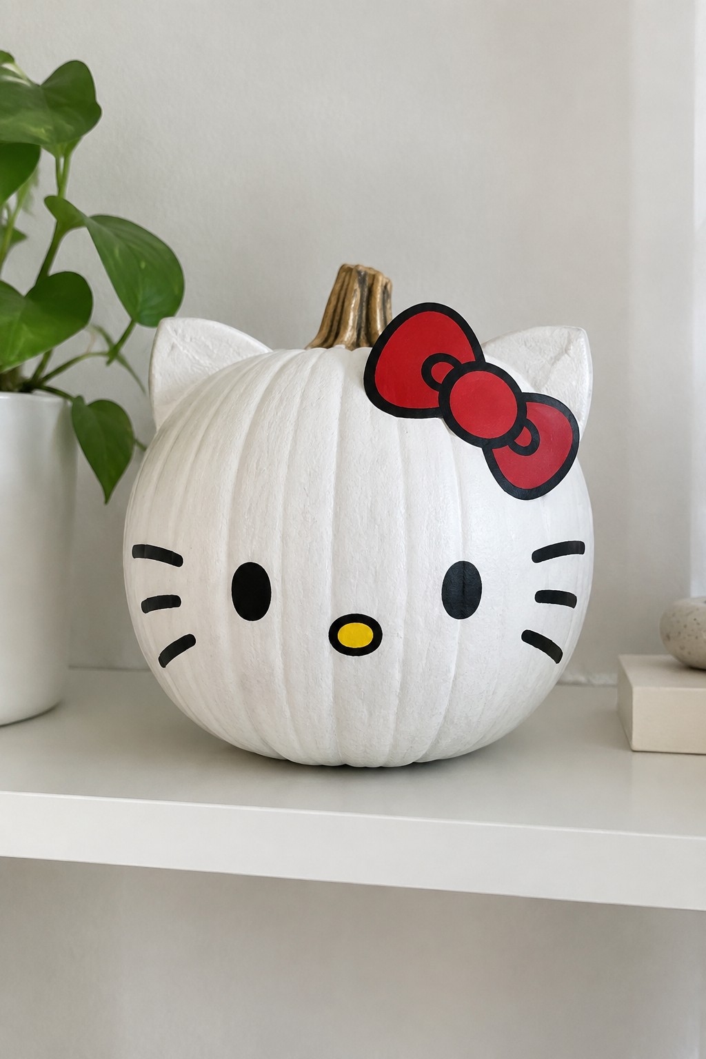 White pumpkin painted as Hello Kitty with red bow, whiskers, and yellow nose on shelf