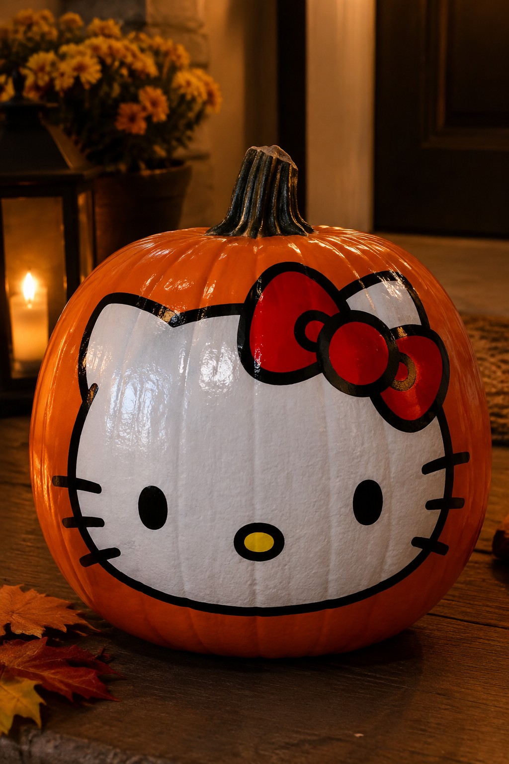 Orange pumpkin painted with a Hello Kitty face including white muzzle, black whiskers, round eyes, yellow nose, and large red bow.