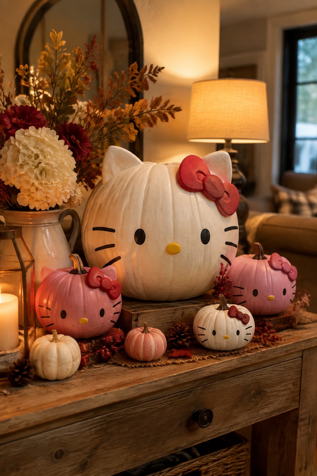 A wooden console table displays several pumpkins painted as Hello Kitty with white and pink faces, red bows, and whiskers, arranged with flowers and a lit candle.