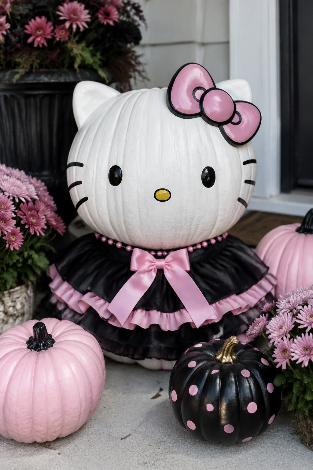 Large white pumpkin painted and dressed as Hello Kitty with pink bow and black skirt on a front porch, surrounded by smaller pink and black polka dot pumpkins.