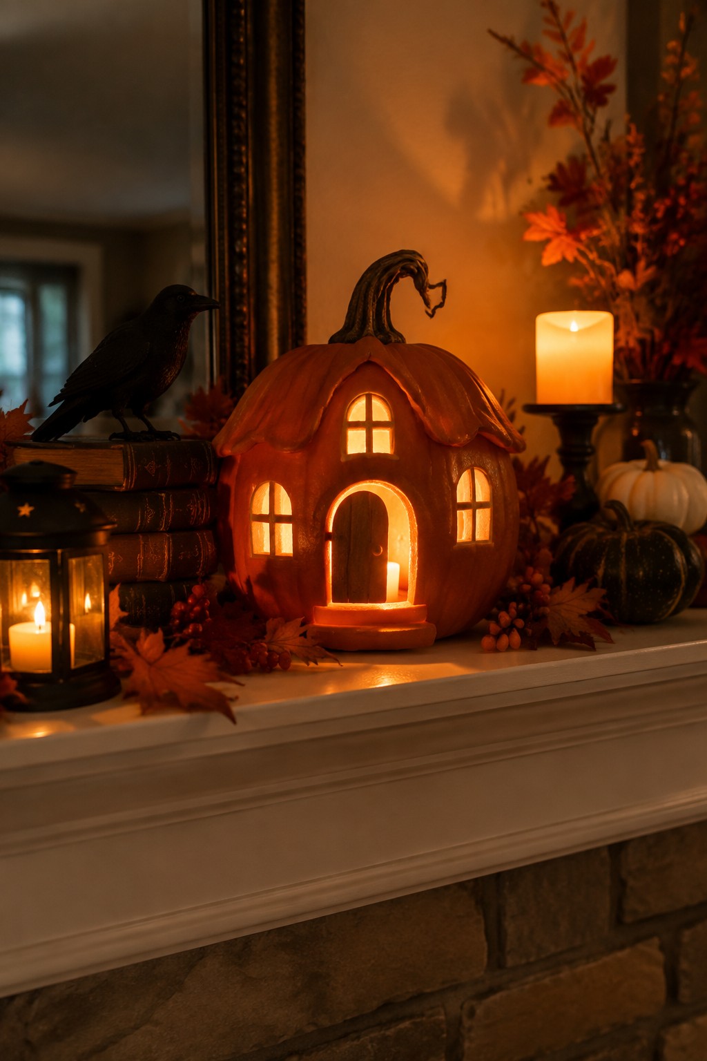 A pumpkin carved into a glowing house shape sits on a white mantel with a black crow on stacked books and a candle lantern nearby.