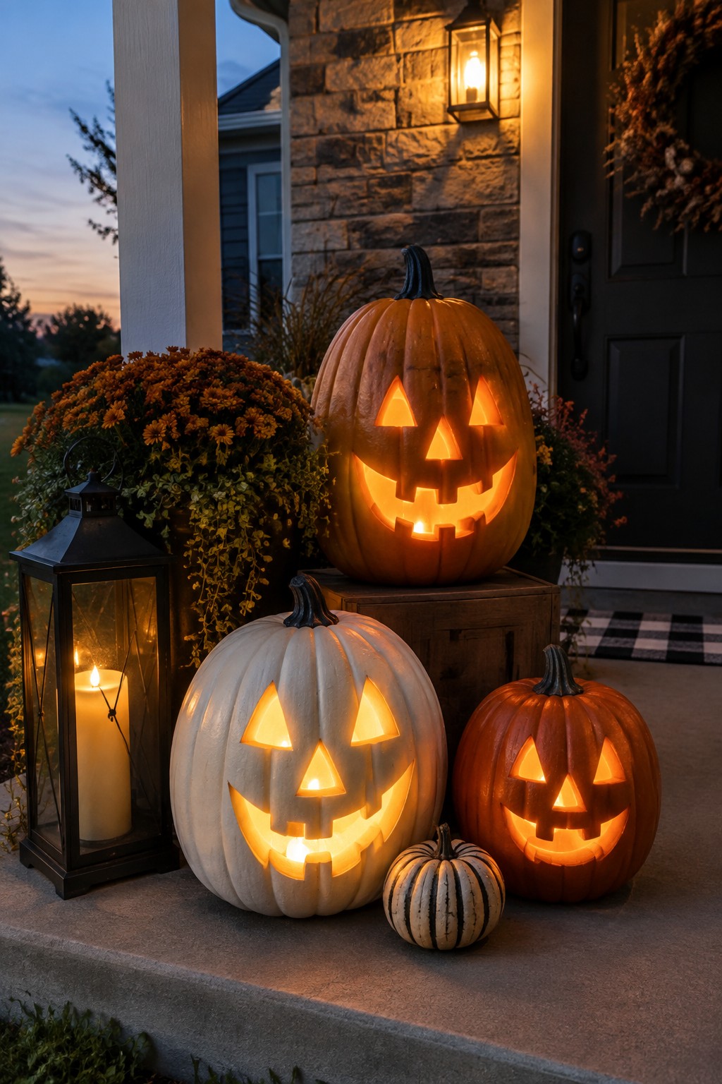 Front porch steps with several lit jack o' lanterns in different sizes and colors, including a tall orange one on a crate and a white one beside a candle lantern.