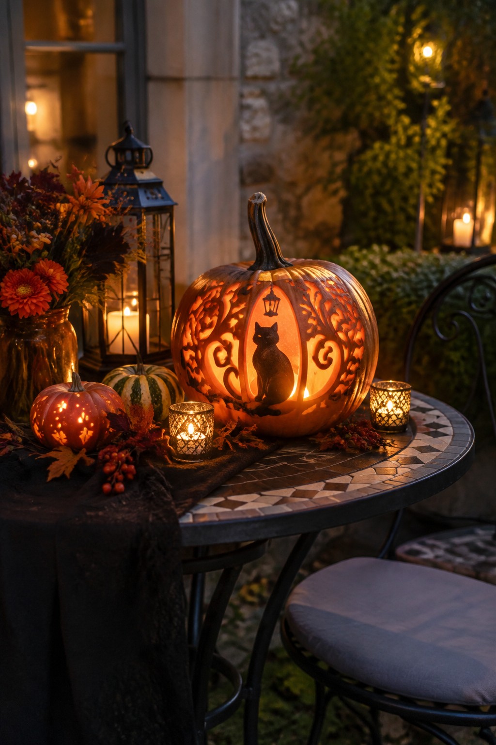A large carved pumpkin lantern with a black cat silhouette sits on a mosaic patio table, surrounded by smaller lit pumpkins, votive candles, and autumn leaves.