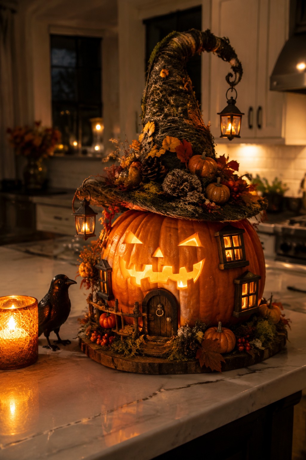 Large carved pumpkin decorated as a witch cottage with a mossy hat on top, glowing jack-o-lantern face, tiny windows, and a wooden door, displayed on a kitchen countertop.