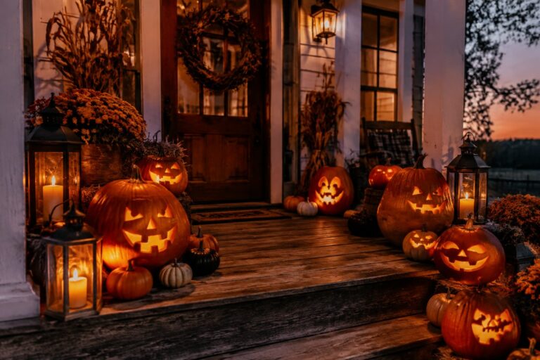 Front porch steps lined with several carved and lit jack o lanterns of varying sizes next to black lanterns.