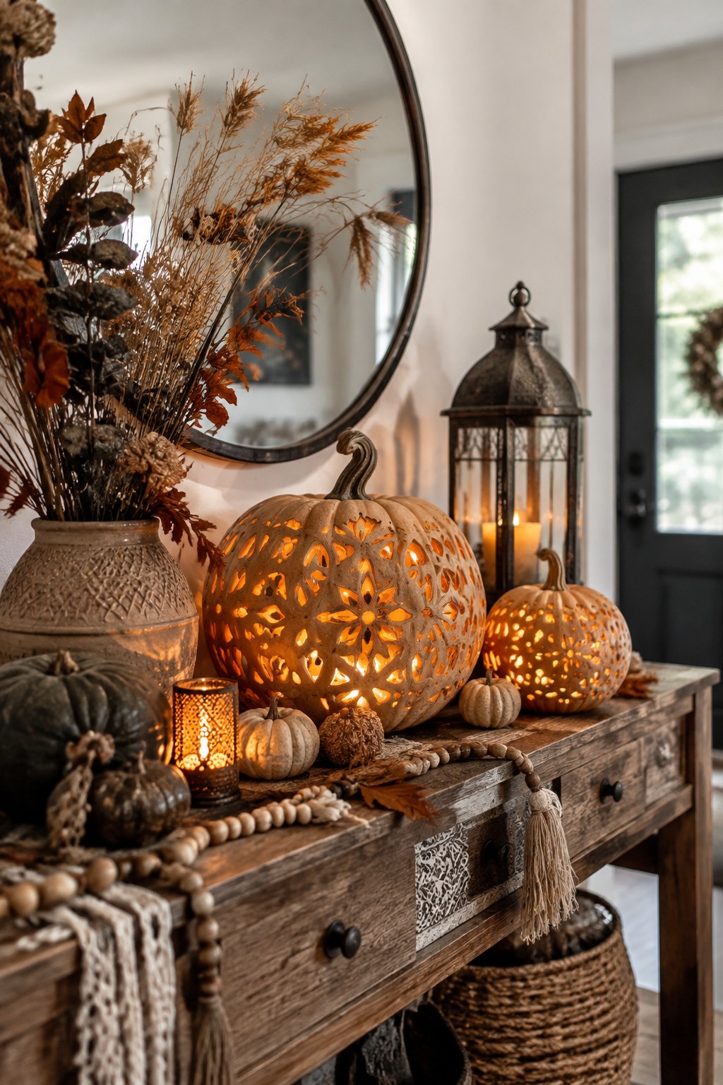 Entryway console table with multiple carved and lit pumpkin lanterns arranged together with a metal lantern and dried stems.
