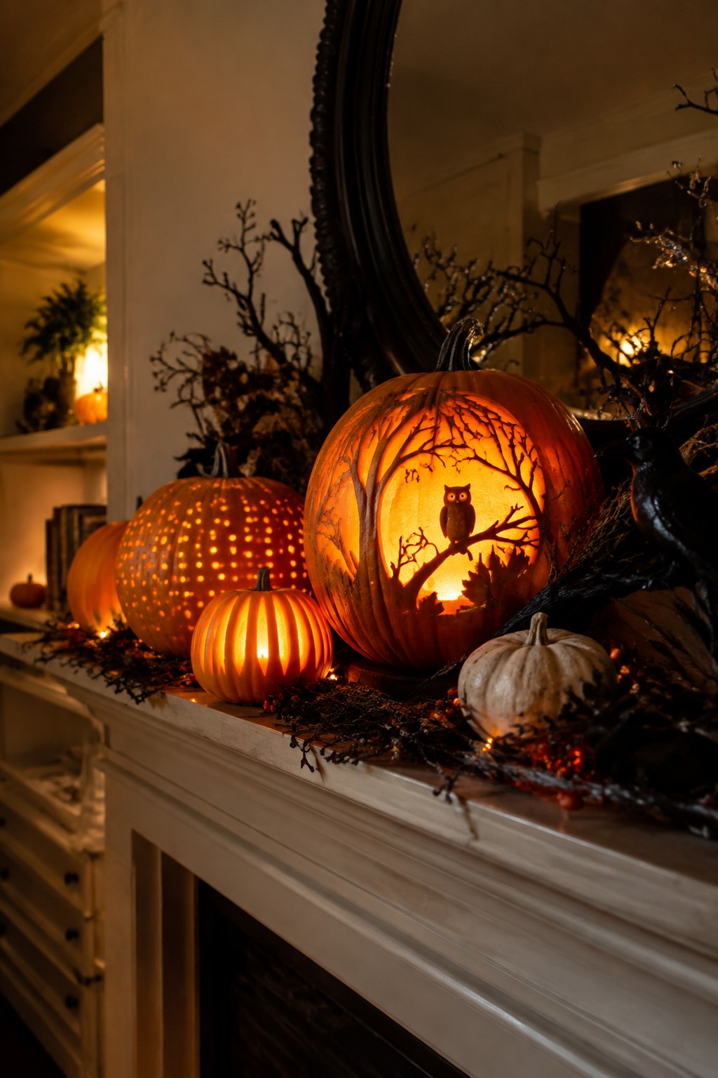 White fireplace mantel lined with several carved and lit jack-o'-lanterns, including one large pumpkin with an owl in a tree design.
