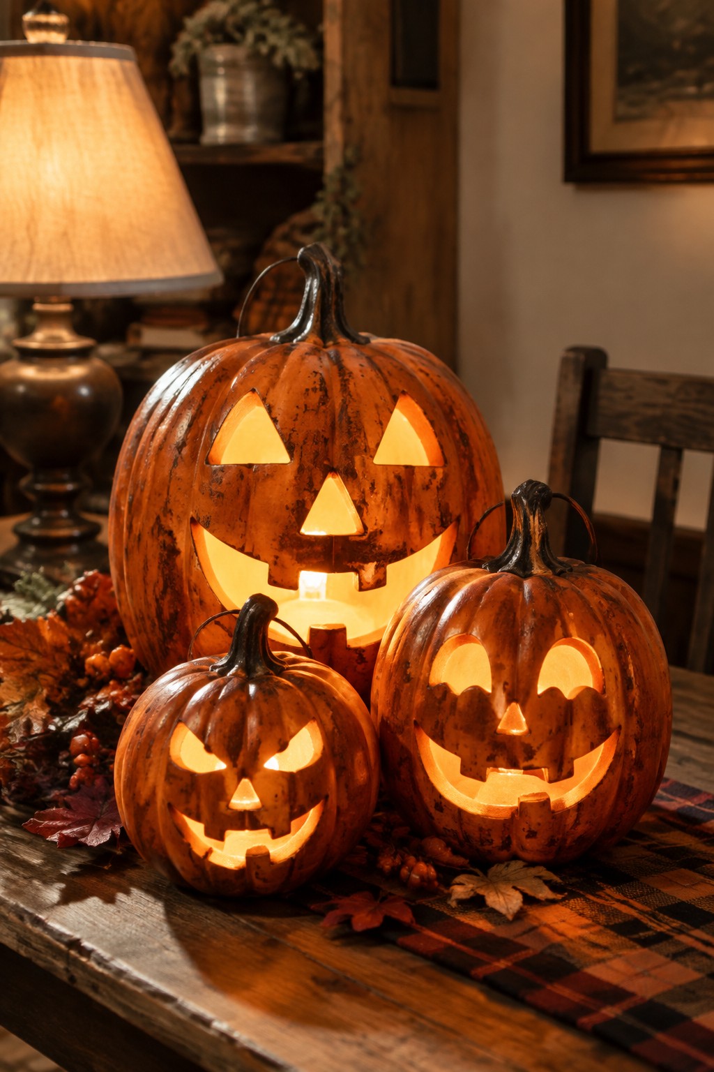 Three glowing jack-o'-lanterns on a wooden table with autumn leaves and berries