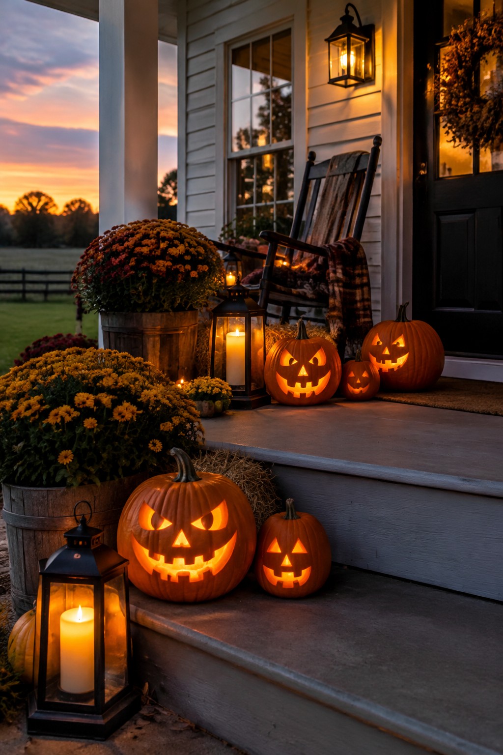 Front porch steps lined with several carved and lit jack o lanterns of varying sizes next to black lanterns.