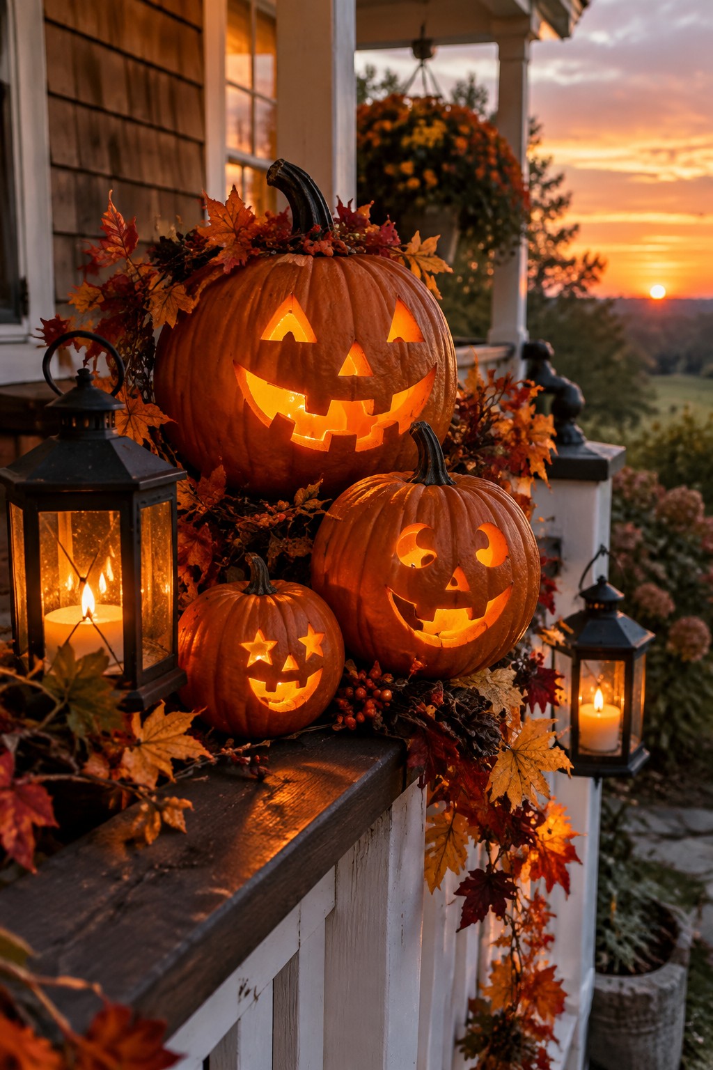 Front porch decorated with three carved and lit jack o lanterns of different sizes placed on a white railing beside black candle lanterns.