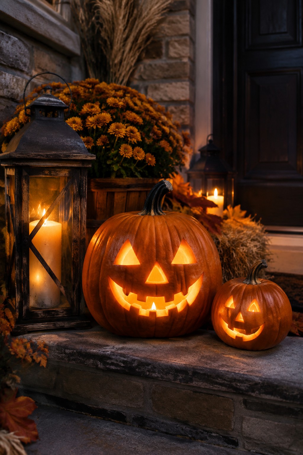 Two carved jack o lanterns and a large wooden lantern with lit candles sit on stone steps in front of a dark door.