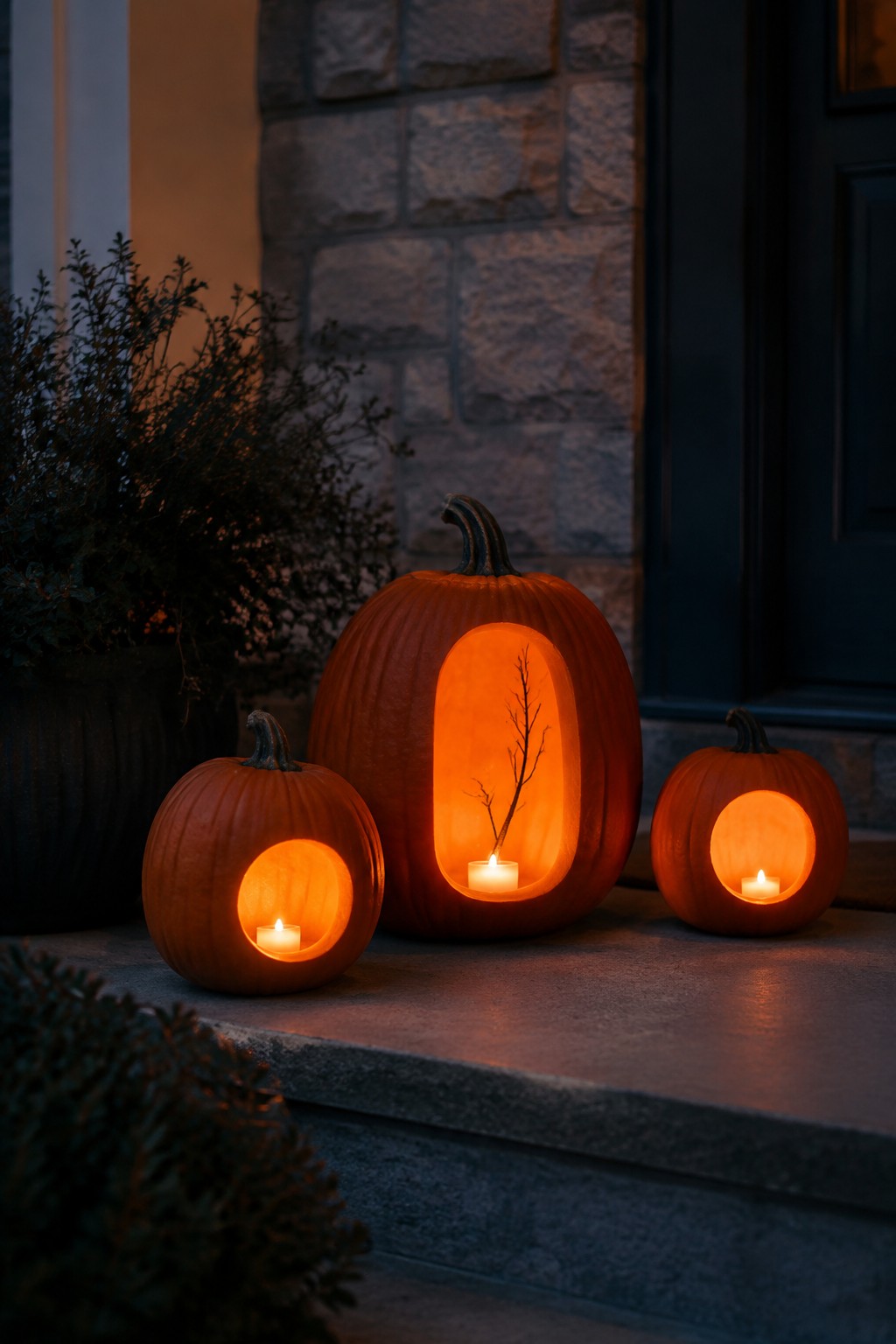 Three carved pumpkins with glowing candles sit on stone steps in front of a dark door, with one large pumpkin showing a branch silhouette.