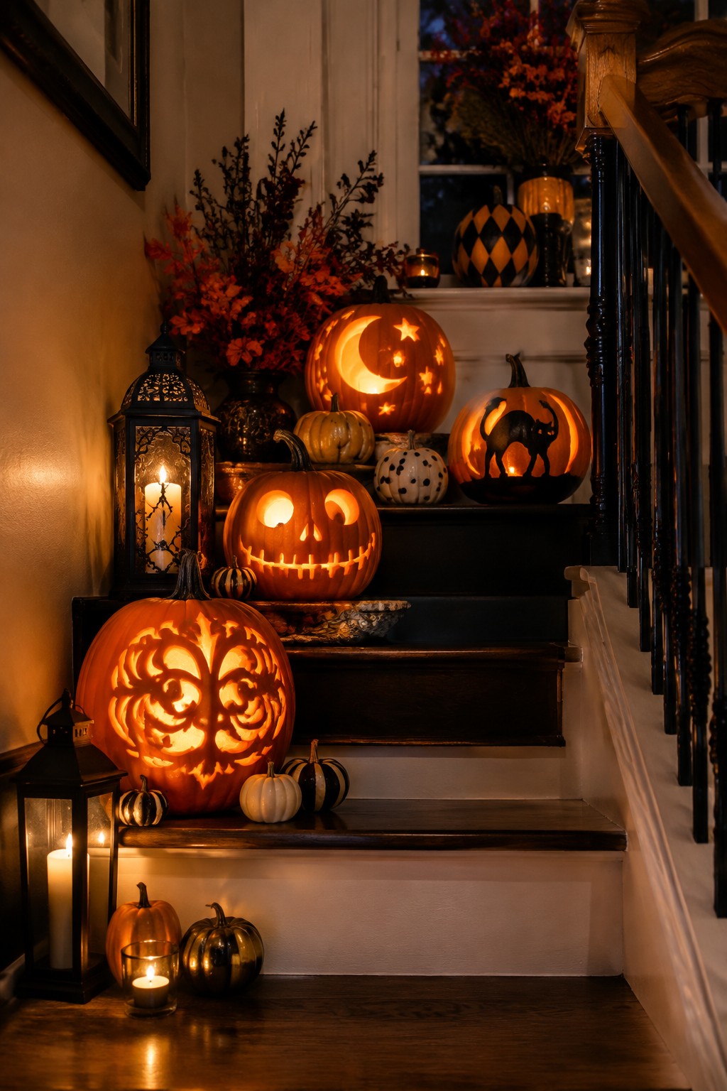 Staircase lined with several lit jack o lanterns featuring different carved designs including a moon, a black cat, and an ornate face, along with black lanterns holding candles.