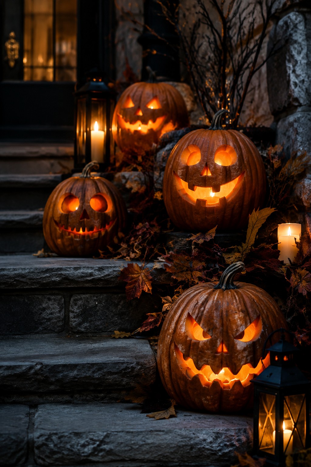 Stone steps lined with several carved jack o lanterns of different sizes, all glowing from within with candles, next to black lanterns and scattered autumn leaves.