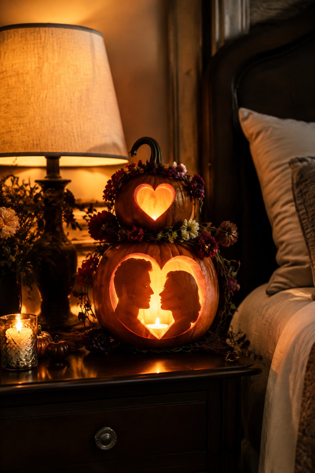 Stacked pumpkins with heart and couple silhouette carvings glowing on nightstand