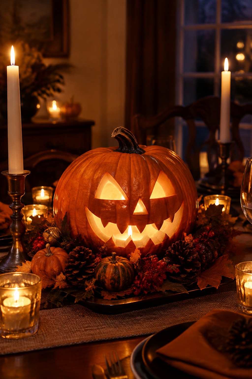 A large carved jack-o'-lantern glows on a dining table surrounded by candles, small pumpkins, pinecones, and autumn leaves.