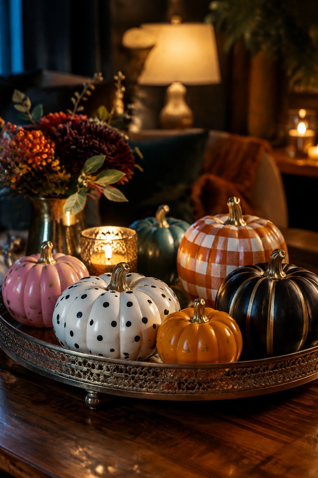 Colorful patterned pumpkins, lit candle, and autumn flowers on ornate tray