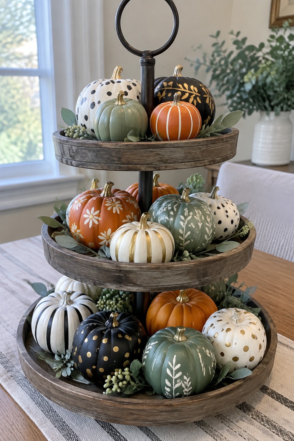 Three tier wooden stand holding mini pumpkins painted with dots, stripes, flowers, and gold accents on a dining table.