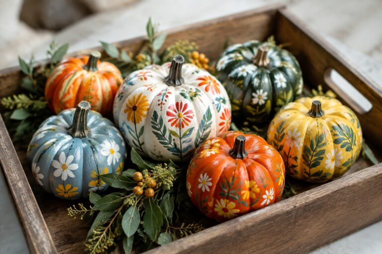 Wooden tray filled with small pumpkins painted in floral patterns including white daisies, autumn leaves, and colorful motifs.