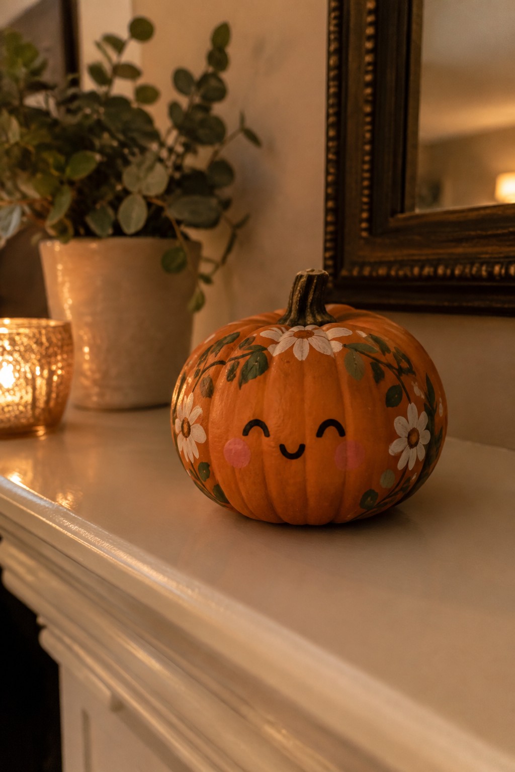 Smiling pumpkin painted with daisies and leaves on white mantel beside candle