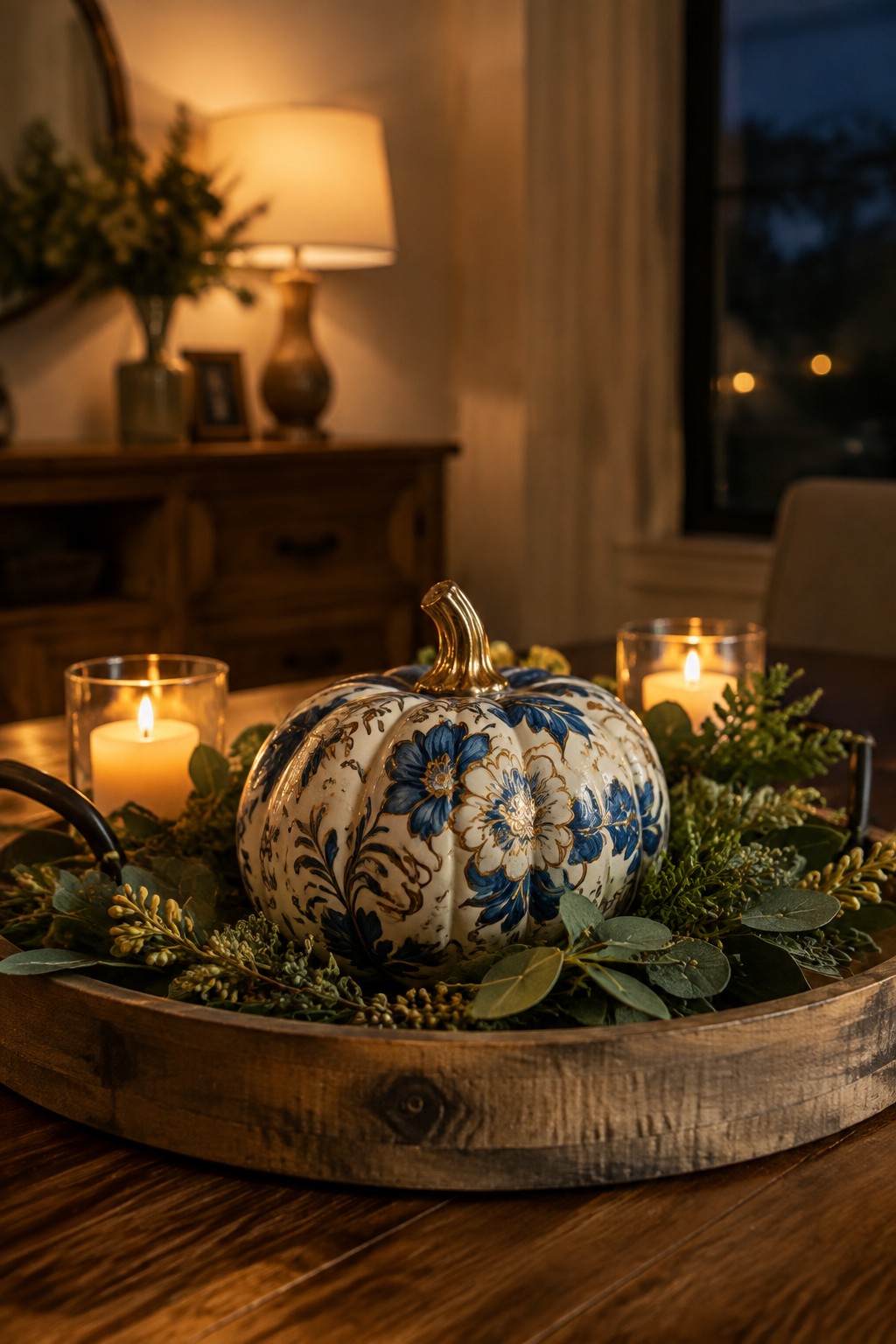 A white pumpkin with blue and gold floral painting sits centered in a wooden tray surrounded by greenery and two lit candles.