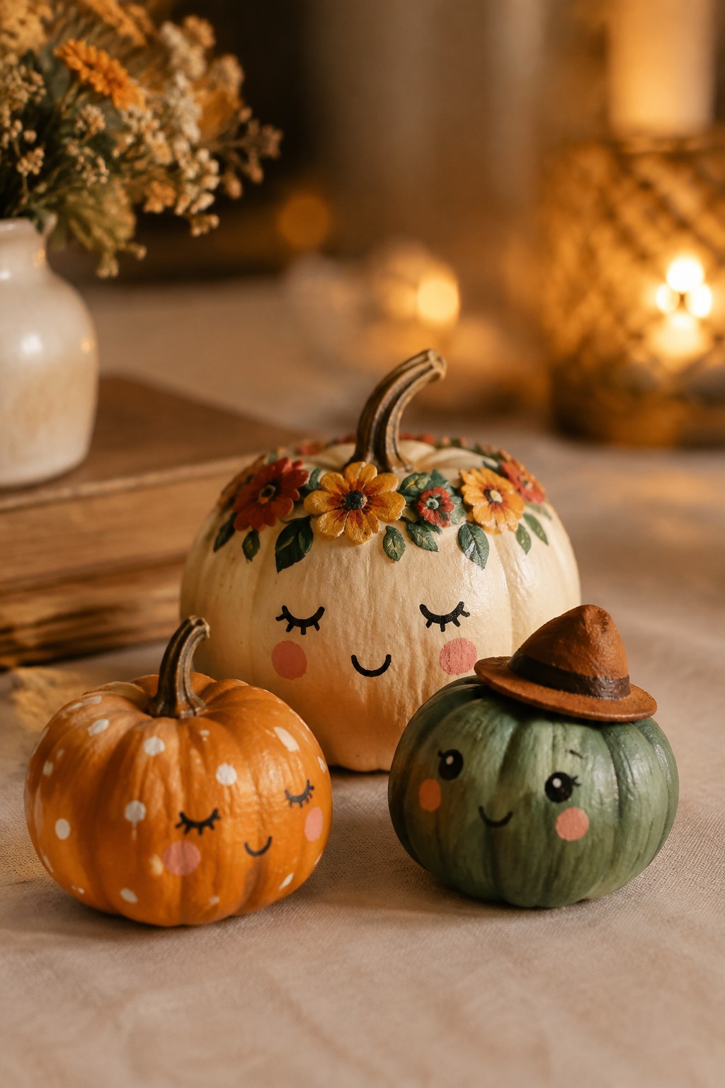 Three small painted pumpkins with cute faces sit together on a table, including an orange one with white dots, a white one with a floral crown, and a green one wearing a tiny hat.