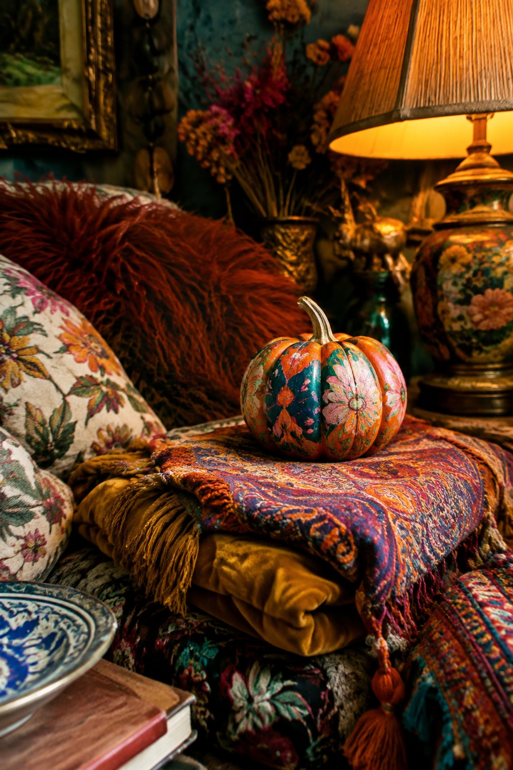 Colorful floral pumpkin on velvet throws and paisley shawl beside glowing lamp