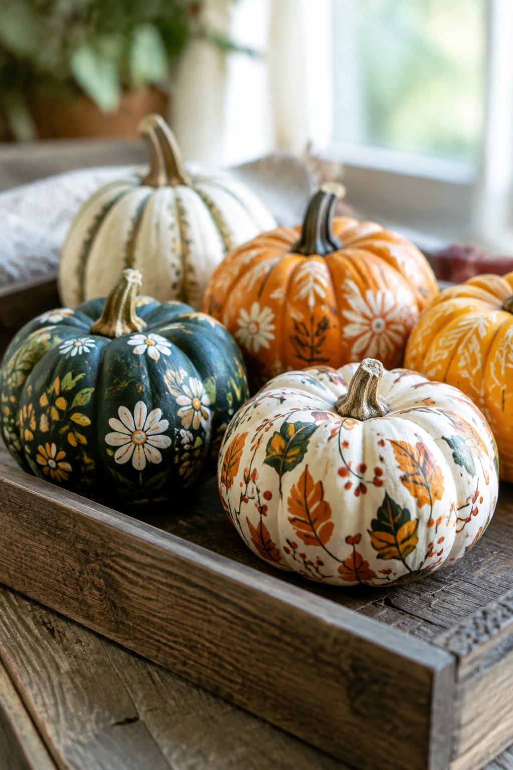 Wooden tray filled with small pumpkins painted in floral patterns including white daisies, autumn leaves, and colorful motifs.