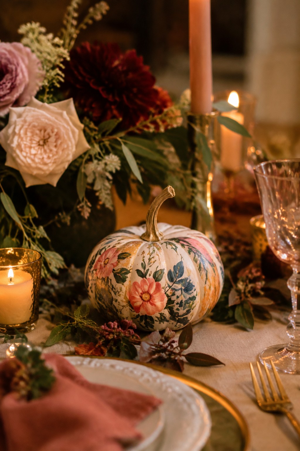 A small white pumpkin painted with pink and blue flowers sits on a dining table as a centerpiece surrounded by candles and flowers.