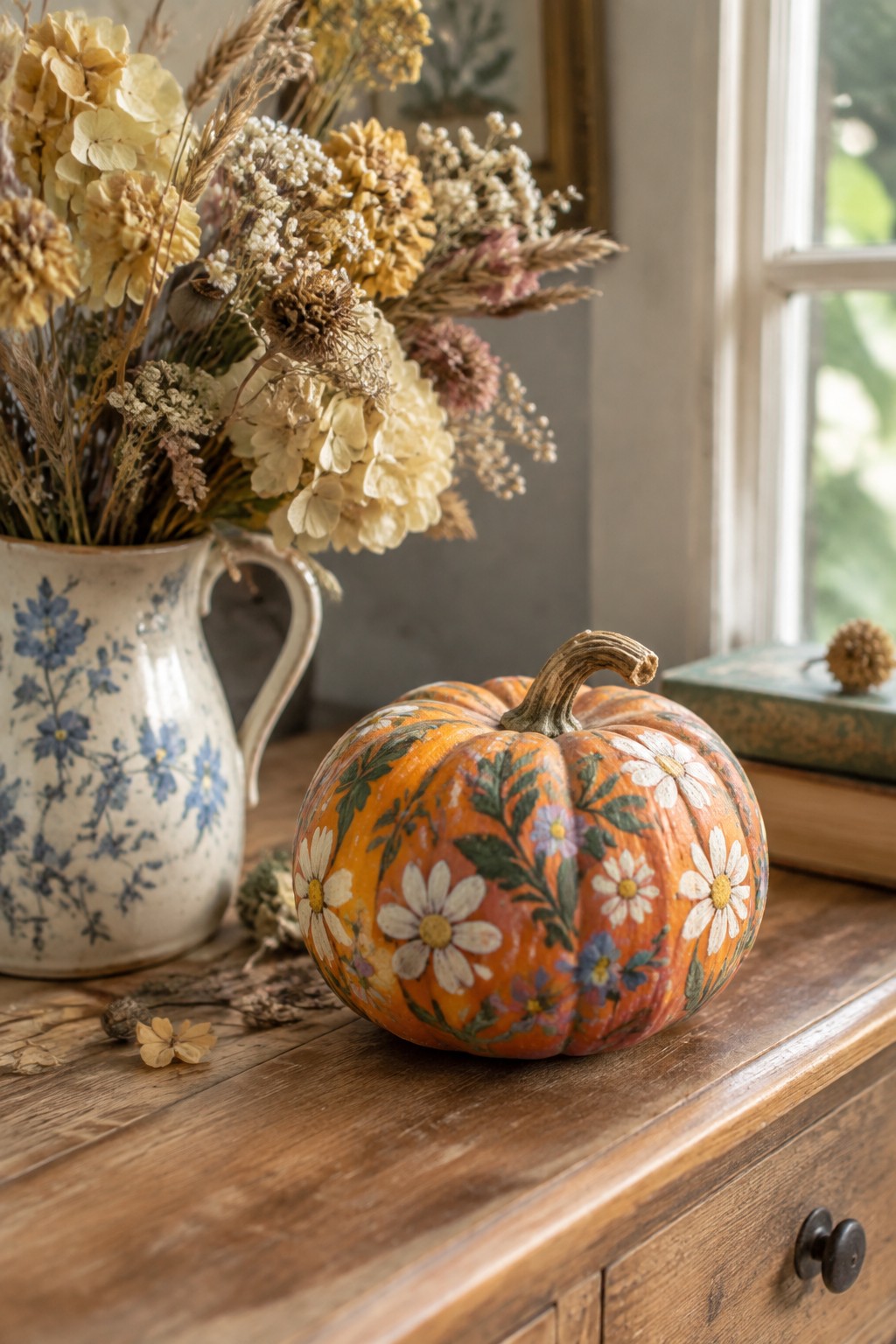 A small orange pumpkin painted with white daisies, purple flowers, and green leaves rests on a wooden table beside a blue floral pitcher filled with dried blooms.