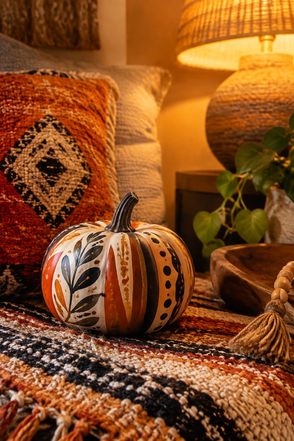 A small white pumpkin painted with leaf motifs, stripes, and dots sits on a woven blanket in front of a patterned pillow.