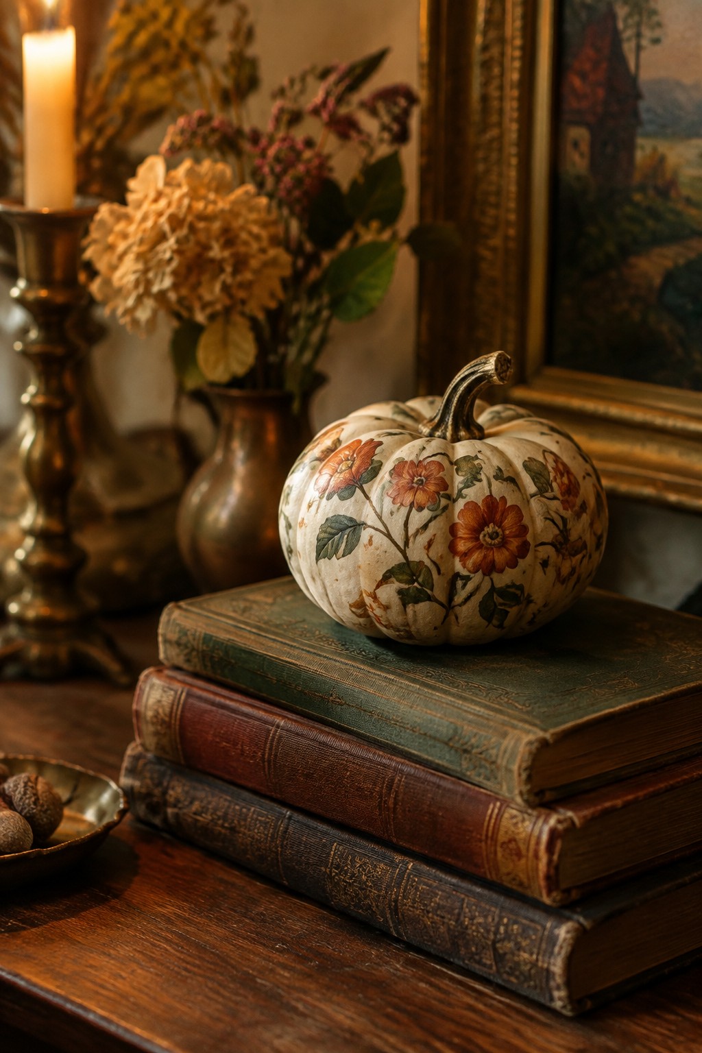 A white mini pumpkin with hand-painted orange flowers and green leaves sits on a stack of old books on a wooden table.