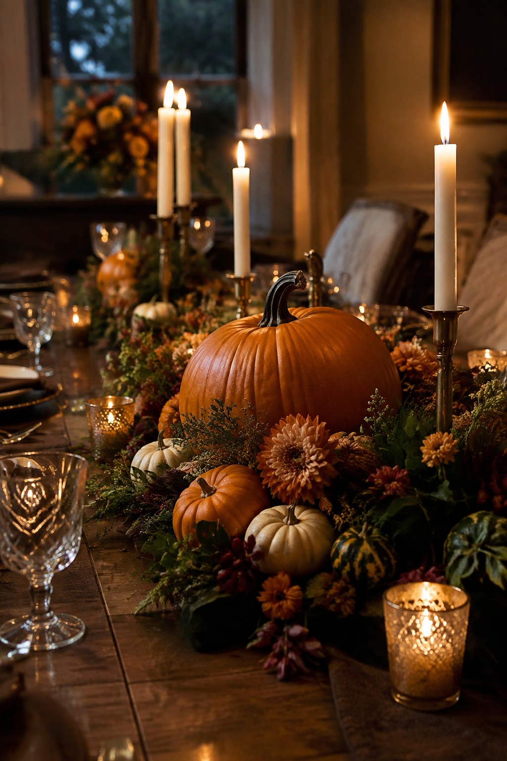 Large orange pumpkin with lit candles, small gourds, and autumn flowers on wooden table.