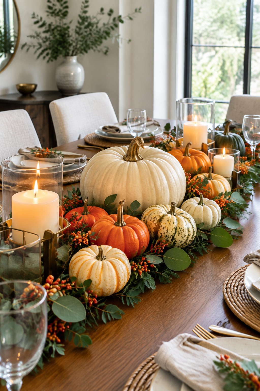Elegant autumn table with white and orange pumpkins, lit candles, and fall foliage.