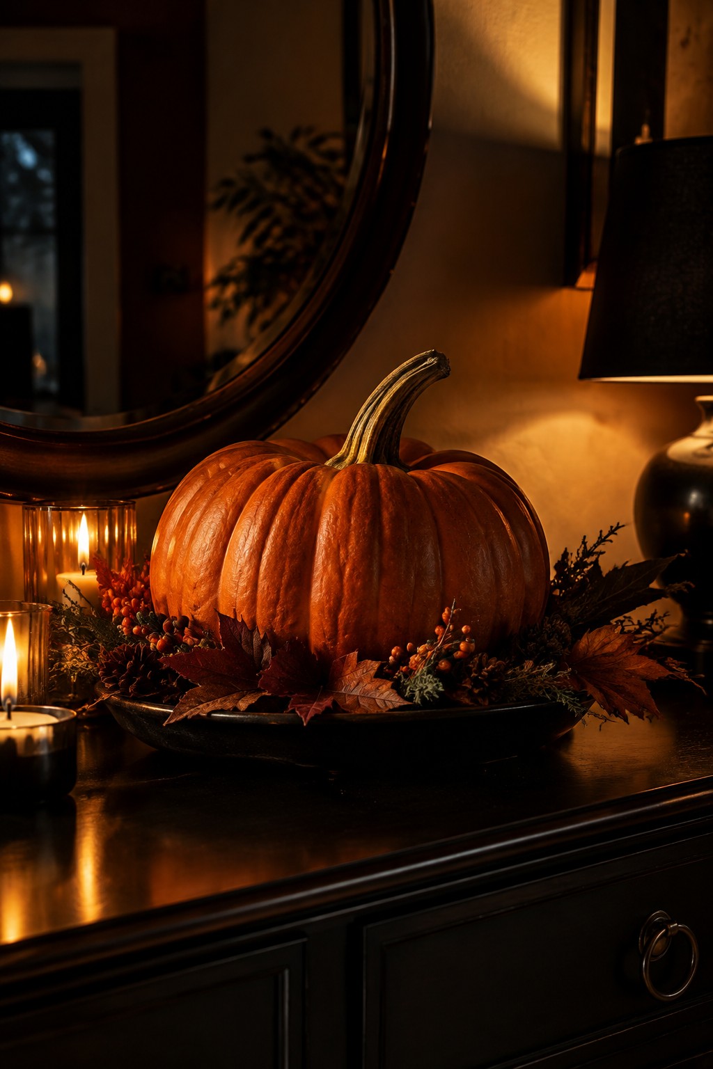 A large orange pumpkin rests in a black tray with autumn leaves, berries, and pinecones on a dark wooden surface beside lit candles.