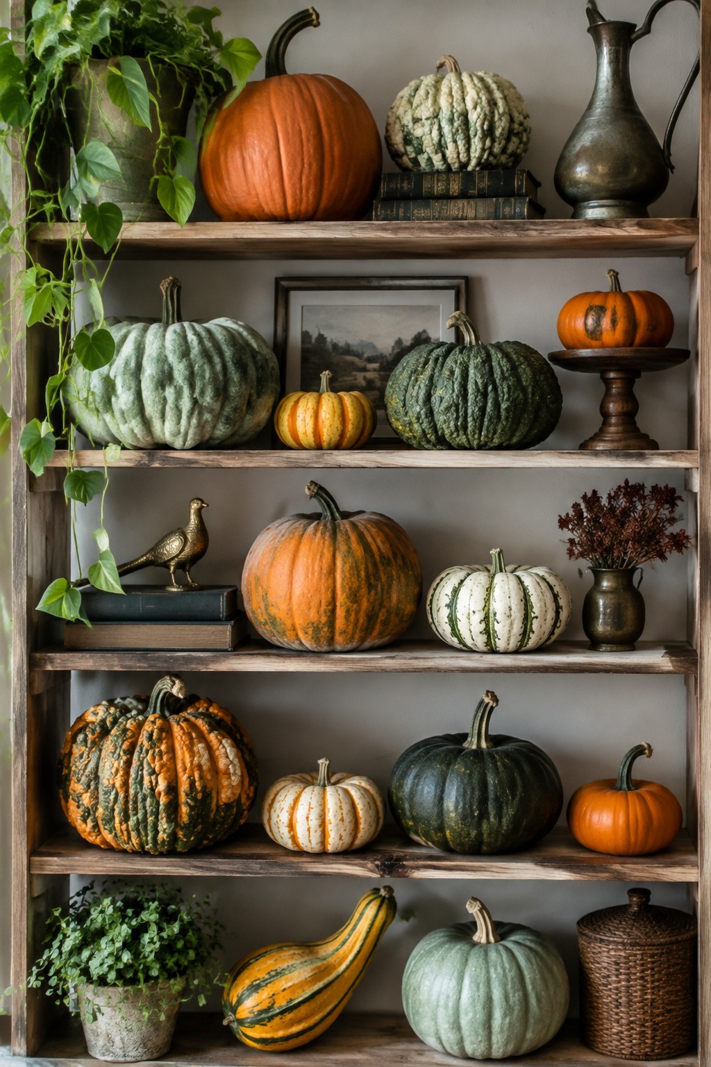 Wooden built-in shelves filled with various pumpkins in orange, green, and white tones along with a few plants and metal accents.