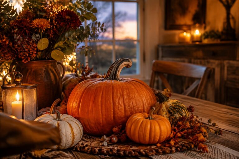 15 Simple Pumpkin Decor Ideas Anyone Can DIY Large orange pumpkin with smaller orange and white pumpkins arranged on a wooden table beside a lit lantern.